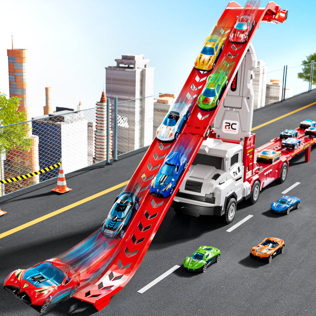 Jouet camion de transport TEMI avec 12 voitures en métal moulé sous pression, support de circuit de course pliable pour enfants