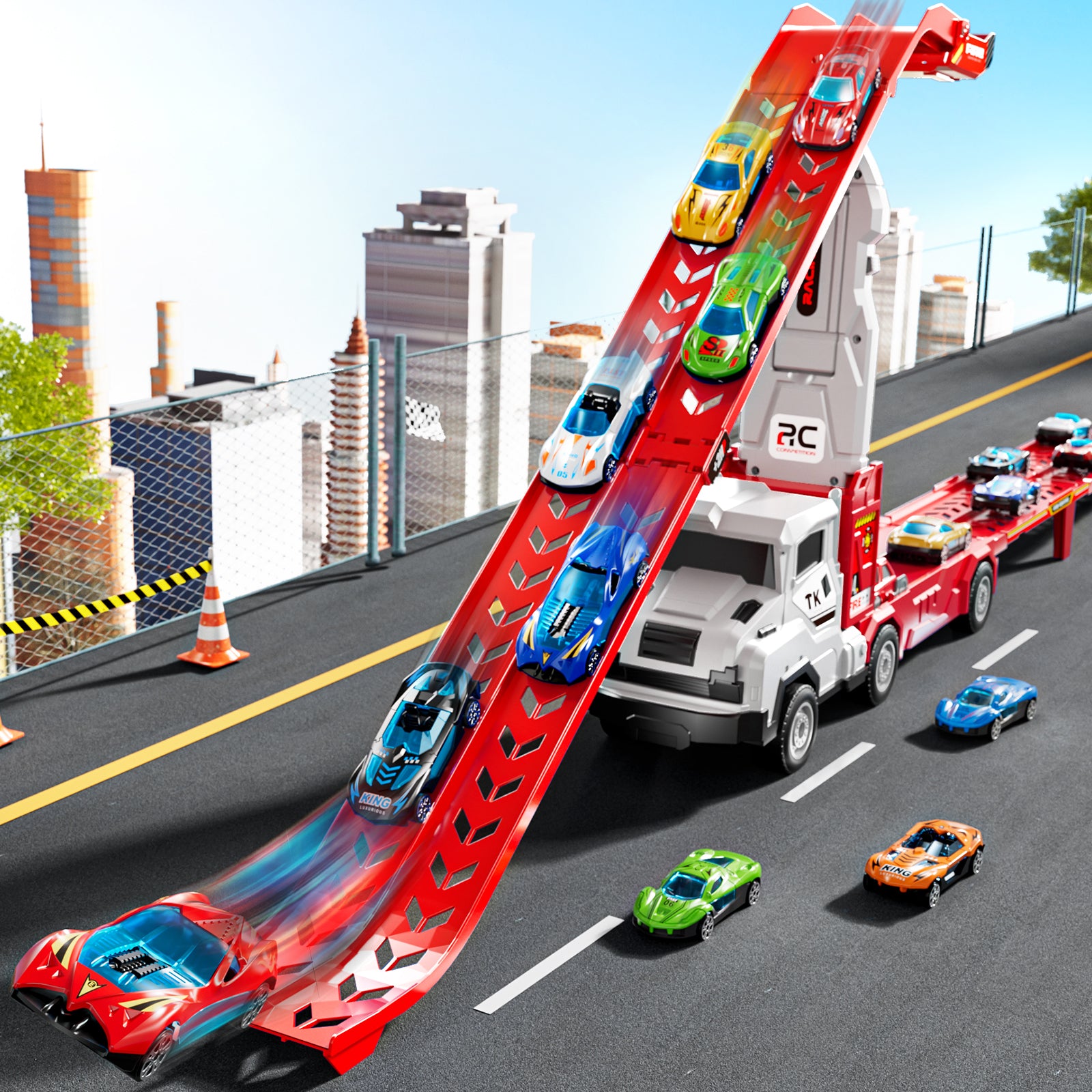 Jouet camion de transport TEMI avec 12 voitures en métal moulé sous pression, support de circuit de course pliable pour enfants
