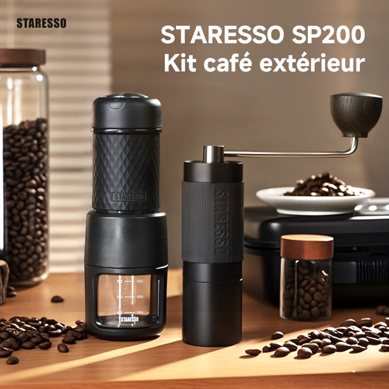 STARESSO Ensemble machine à espresso portable manuelle et moulin à café à meules avec sac de transport pour voyage, camping et randonnée