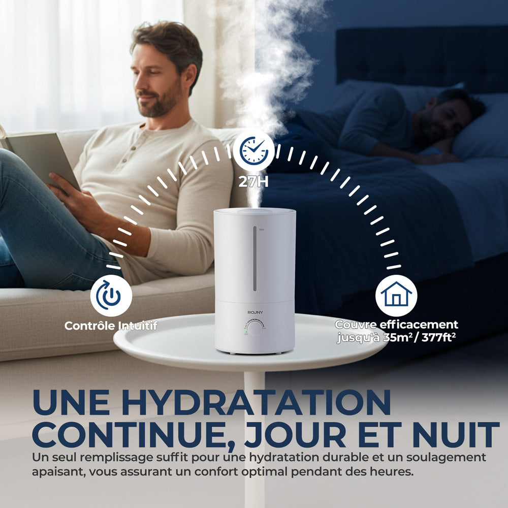 ROUNY Humidificateur d'air ultrasonique MOS W3, réservoir de remplissage supérieur de 4 L, 23 W, débit de brume de 350 ml/h, brume froide à 360°, fonctionnement silencieux ≤ 38 dB