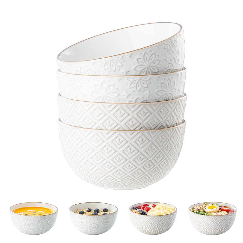 DAFUCERAMIC Assiettes à céréales 29 oz (6 pouces), bol à soupe en stoneware à motif, pour pho, chips, fruits, salade et nouilles (ramen), lot de 4, blanc arctique