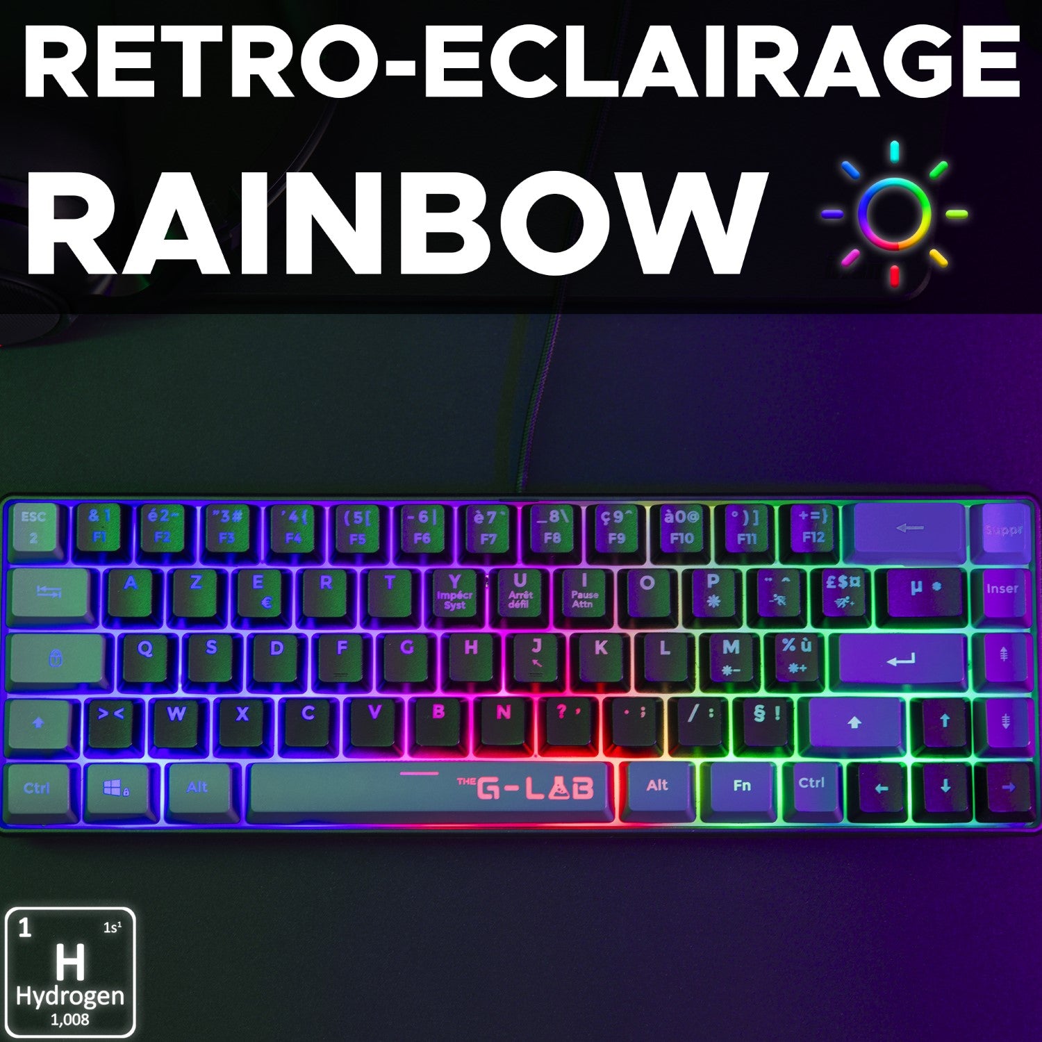 THE G-LAB Keyz Hydrogen Clavier Gaming Semi-mécanique Filaire RGB 60 % - AZERTY - Noir/Gris