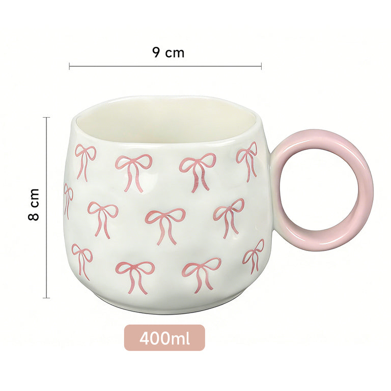 Tasse à café en céramique 400 ml Motif nœud rose Coffret cadeau inclus Pour femmes Design élégant