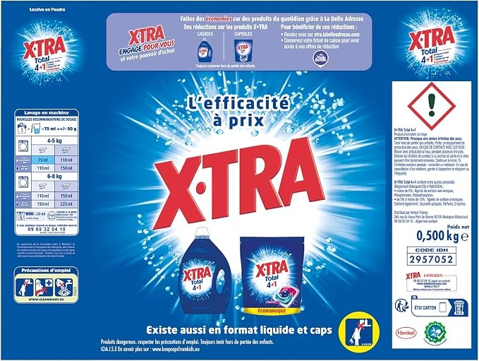 X-TRA Total 4+1 Lessive en Poudre, Pour Tous Textiles & Températures, 10 Lavages, 0,5 kg