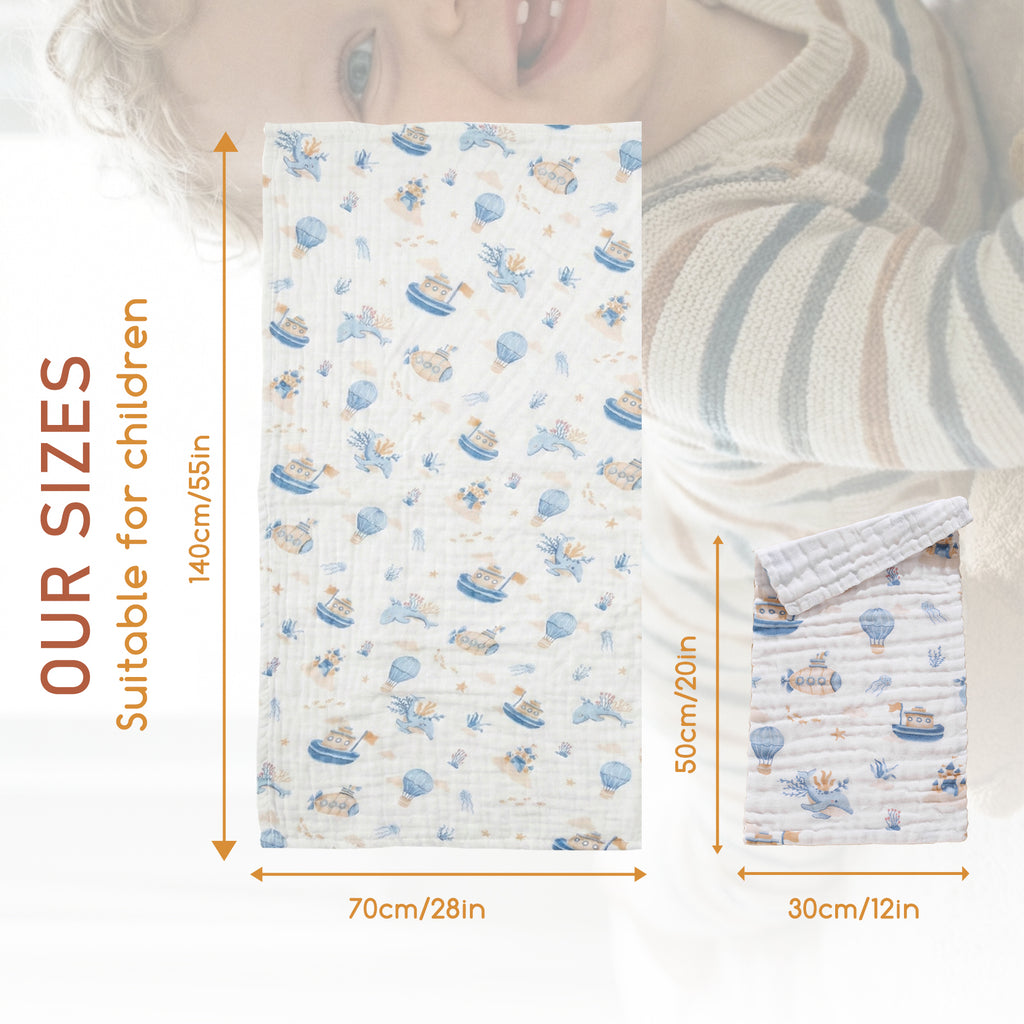 LEBONSOIR - Lot de 2 serviettes pour bébé (1 serviette de bain, 1 carré de mousseline), 100% coton biologique doux, absorbant et respirant, idéal pour nouveau-nés, motif dessin animé - 25 x 50 cm et 70 x 140 cm