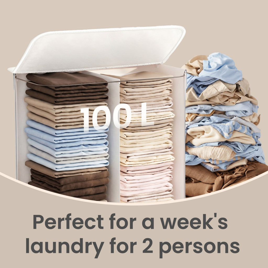 JOYFURNOS Grand Panier à Linge en Bambou, Panier à Linge Pliable à 2 Compartiments avec Couvercle, Blanc
