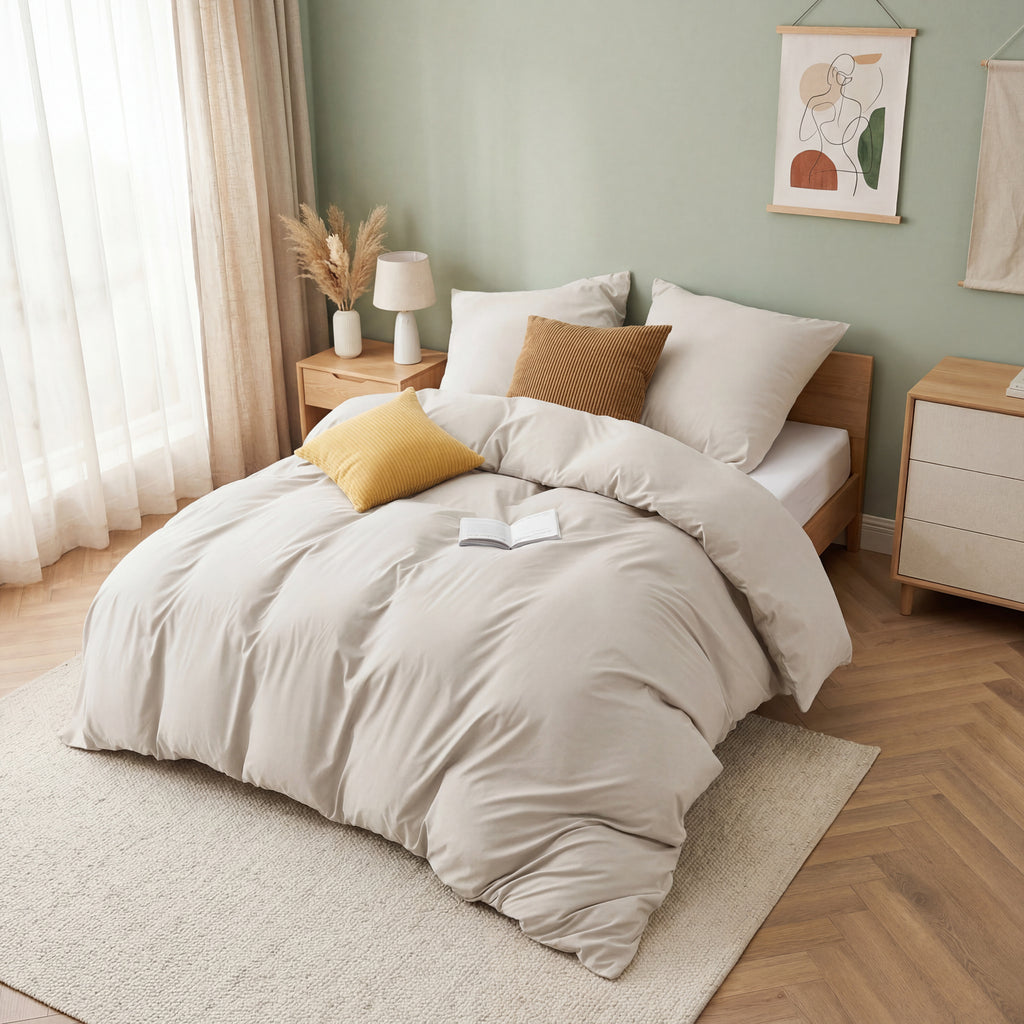 Parure de lit 4 pièces 135 x 200 cm - Beige - 2 housses de couette 135 x 200 cm et 2 taies d'oreiller 80 x 80 cm - Certifié Oeko-TEX - En microfibre de 90 % de polyester avec fermeture éclair, 90 % de polyester