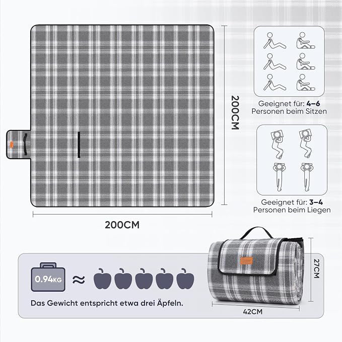 Sekey Couverture de pique-nique imperméable 200*200 cm, Tapis de plage à carreaux anti-sable, Structure 3 couches, Rembourrée et isolante, Dessus en acrylique et dessous en PEVA