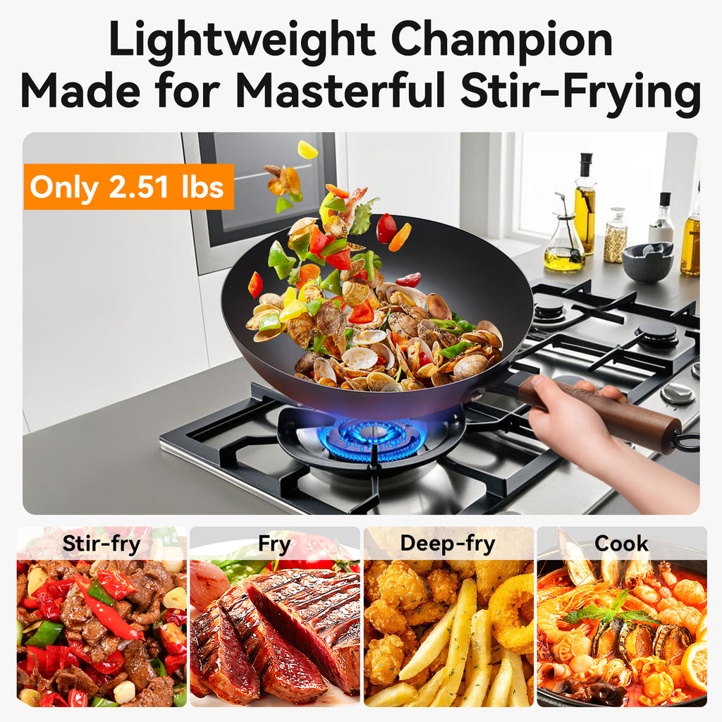 Wangyuanji 12,6" Wok léger en acier au carbone, wok en fer chinois avec couvercle en verre - Fond plat texturé nid d'abeille pour antiadhésif physique, compatible avec toutes les plaques de cuisson