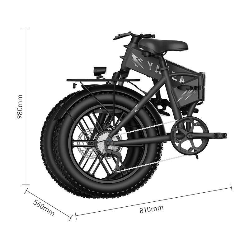 Vélo électrique YADEA Rover pliable à pneus larges, Noir, Pneus tout-terrain 20 × 4,0 pouces, Cadre en alliage d'aluminium, Longue autonomie 90–120 km, Batterie au lithium