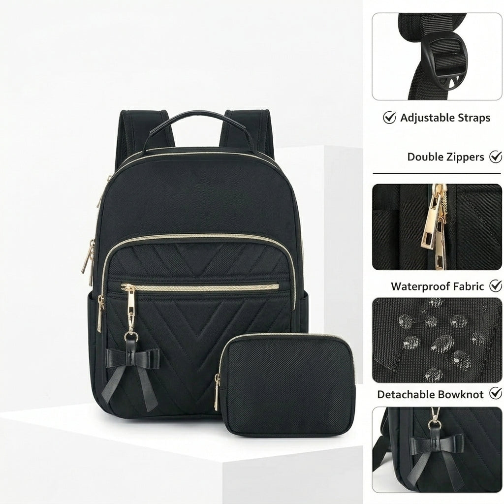 Petit sac à dos scolaire femme élégant Et ensemble portefeuille 2-en-1 Imperméable Sac à dos urbain décontracté avec port de charge USB Sac à main moderne pour voyage travail Noir