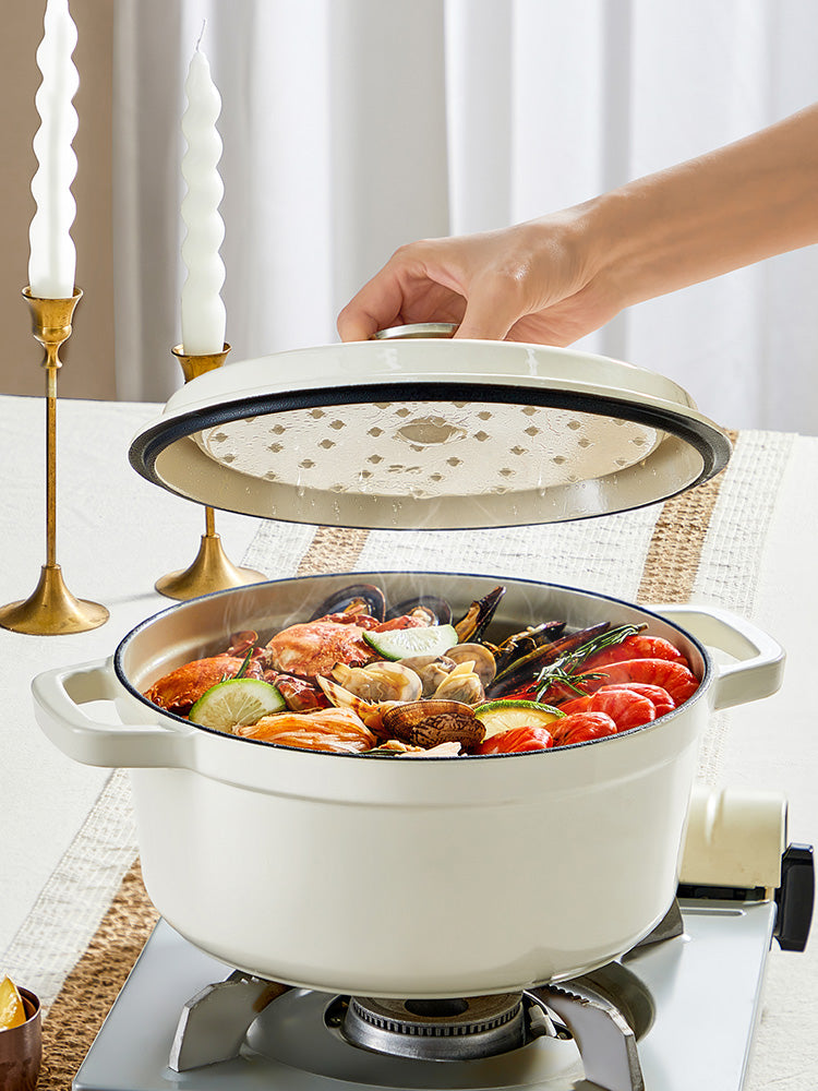 COOKER KING Chuanjia cocotte néerlandaise en fonte émaillée, robuste, chauffe uniforme, maintien de la chaleur longue, ustensile de cuisson, blanc amande, 24 cm