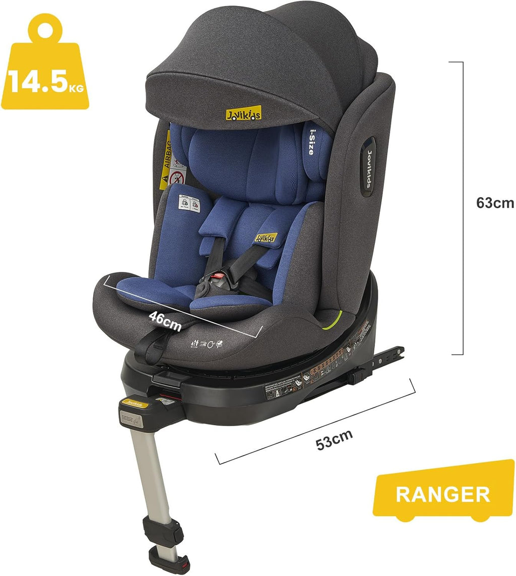 Jovikids siège auto 360° i-Size avec ISOFIX, 40-150 cm - rotation à 360°, convient de la naissance à 12 ans, 12 réglages de l'appui-tête, tissu lavable - la sécurité avant tout (bleu)