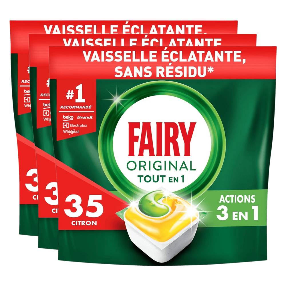 Fairy Original Tout-en-1 Tablettes Lave-vaisselle Parfum Citron 3 x 35 Unités (= 105 Tablettes)
