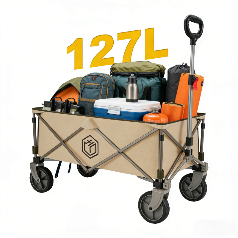 Ochama Chariot de camping pliable compact 127 L Jaune sable, Charge 200 kg, Capacité empilable 250 L, Roues pivotantes 360° à double frein, Rangement gain de place