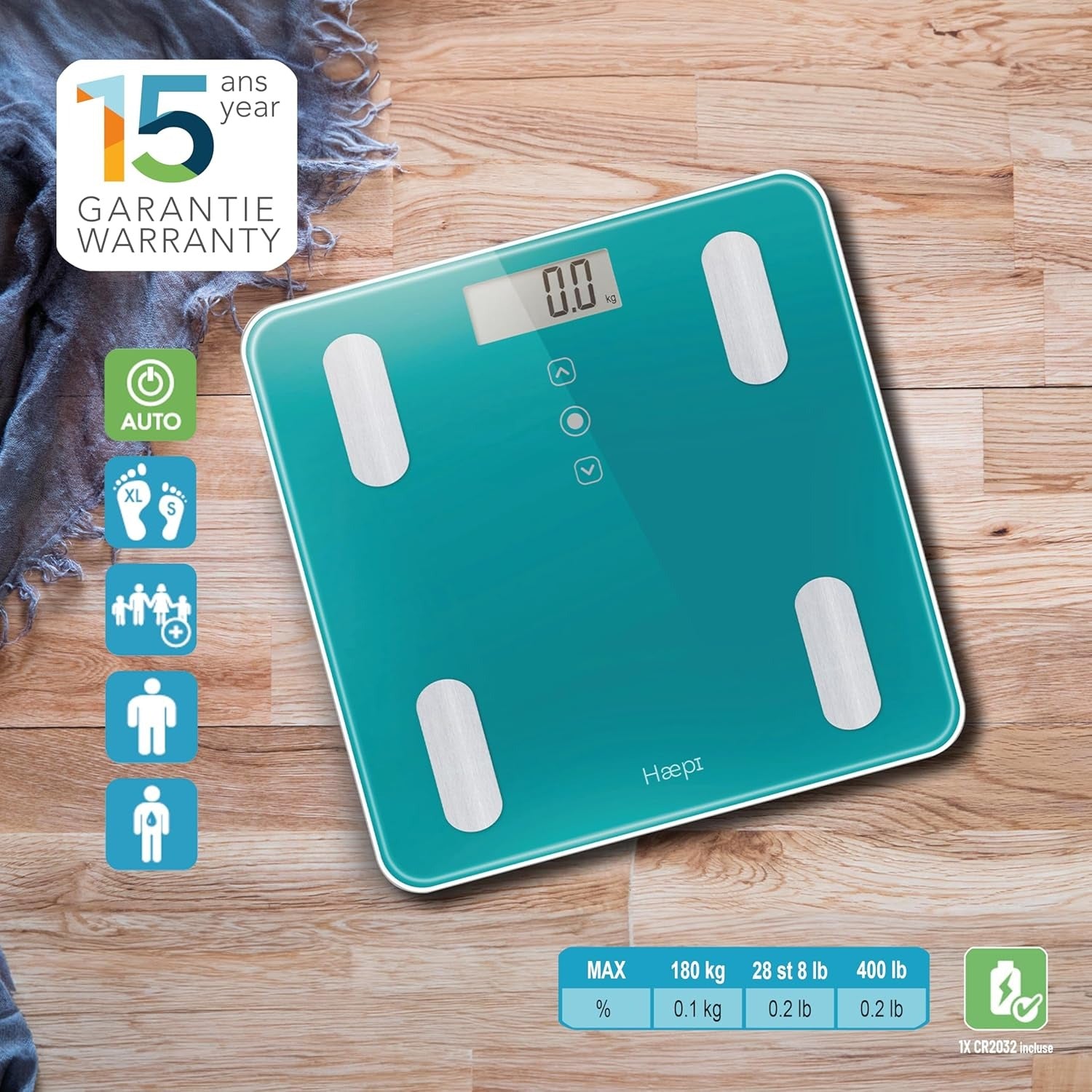 Haepi pèse-personnes en verre avec analyse corporelle, IMC, kcal et garantie 15 ans - turquoise