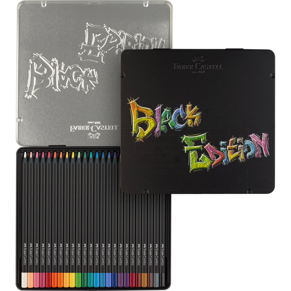 Faber-Castell Boîte en métal de 24 crayons de couleur Black Edition