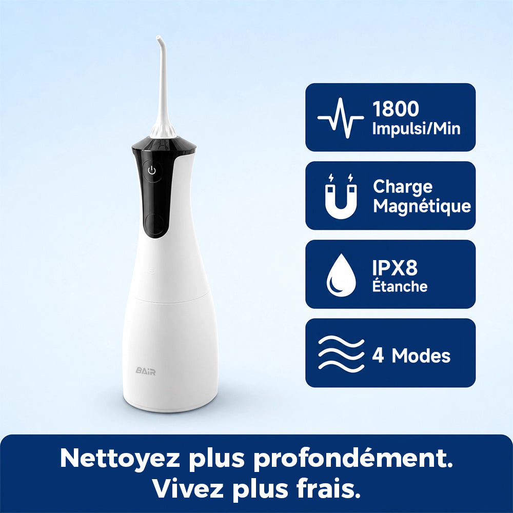 BAIR CARE Hydropulseur dentaire portable M4, Mode pulvérisation pressurisée, Autonomie 30 jours, Rechargeable USB, 4 modes de nettoyage, Étanche IPX7
