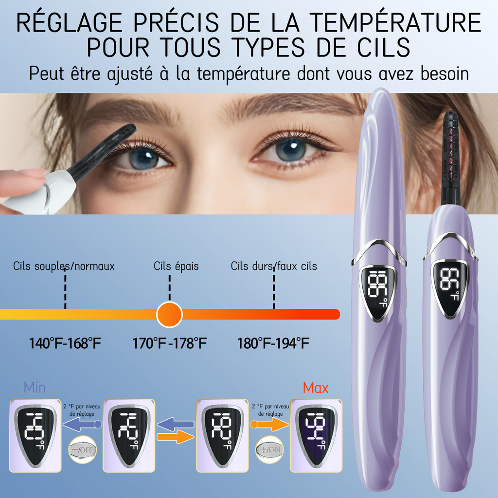 SUNLUXY S600 Recourbe-cils électrique pour courbure naturelle longue tenue, avec affichage LED de la température et de la batterie, arrêt automatique de sécurité - Violet