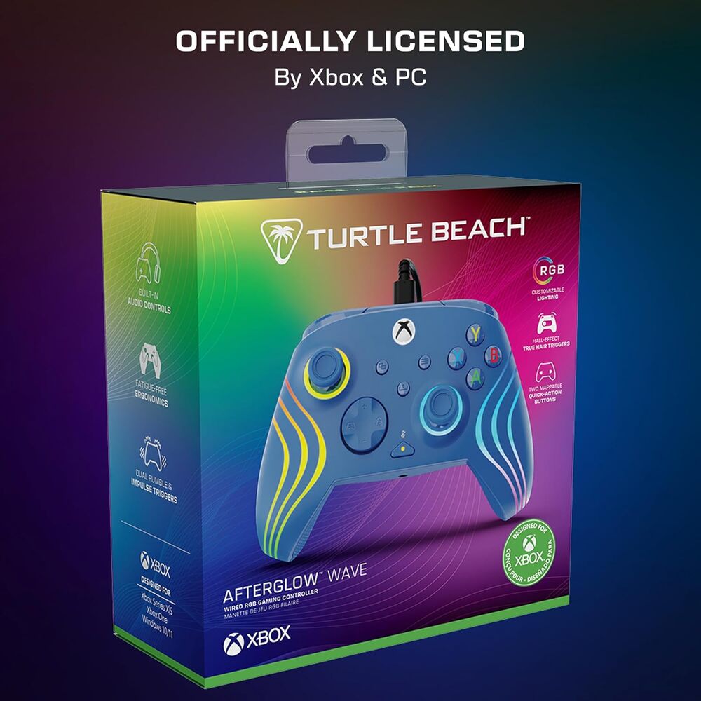 Turtle Beach Afterglow Wave Manette filaire Câble USB Éclairage RVB - Gâchettes à effet Hall & Boutons programmables - Xbox Series X|S, PC (Licence officielle Microsoft) - Bleu
