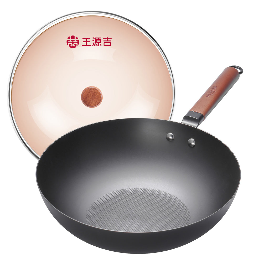 Wangyuanji 12,6" Wok léger en acier au carbone, wok en fer chinois avec couvercle en verre - Fond plat texturé nid d'abeille pour antiadhésif physique, compatible avec toutes les plaques de cuisson