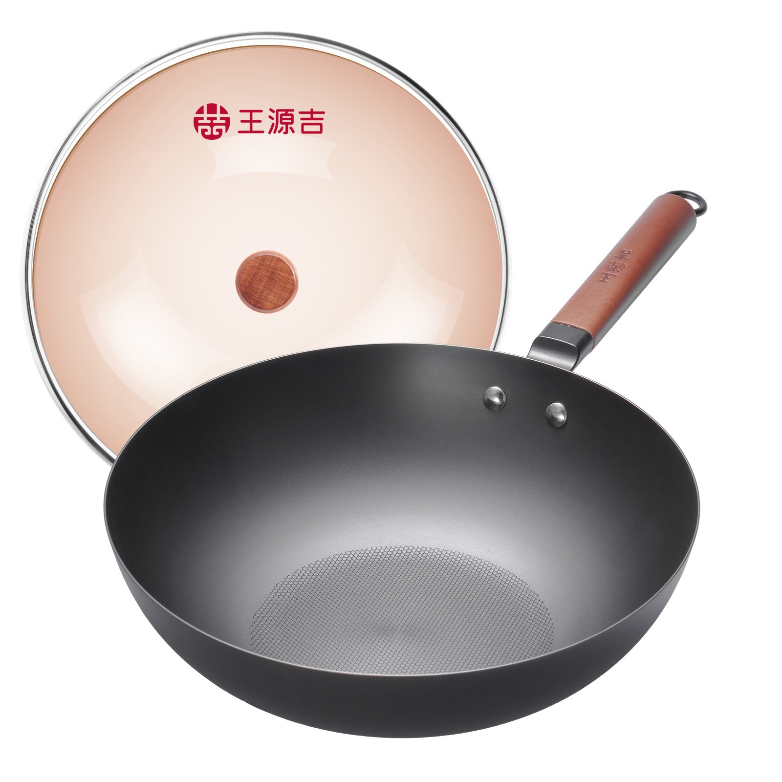 Wangyuanji 12,6" Wok léger en acier au carbone, wok en fer chinois avec couvercle en verre - Fond plat texturé nid d'abeille pour antiadhésif physique, compatible avec toutes les plaques de cuisson