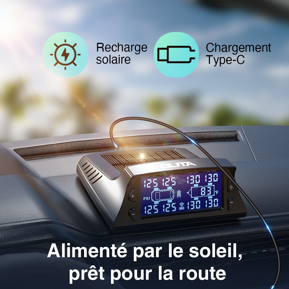 GUTA GT40+4GS02 Système de surveillance de la pression des pneus pour camping-cars/remorques avec 4 capteurs, TPMS de 0 à 188 PSI, chargement solaire, 6 modes d'alarme