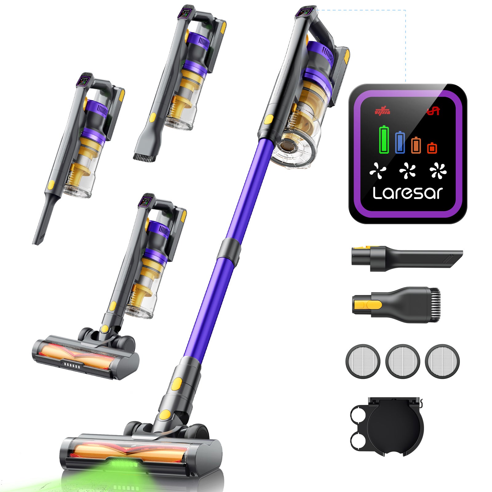 laresar X11 Aspirateur sans fil, 55 kPa / 550 W, autonomie 60 min, réservoir 2 L, LED verte, écran tactile, pour poils d'animaux, tapis et sols durs
