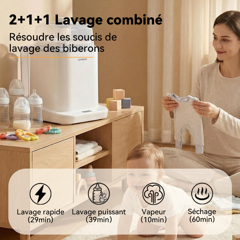 GORGENOX Lave-biberon et stérilisateur entièrement automatique avec séchage 2-en-1, stérilisation à la vapeur, pulvérisation à trois bras améliorée, purification au plasma, Modèle : D20