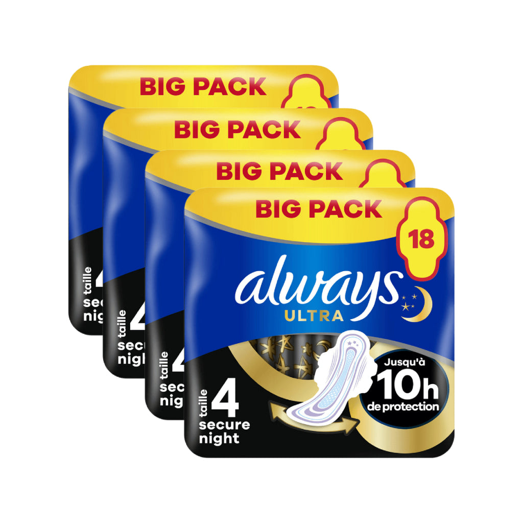 Always Ultra Secure Night Serviettes Hygiéniques (Taille 4) Avec Ailettes 72 Serviettes Super Absorbantes & Ultra Fines Pour Menstruation (4 Paquets de 18)
