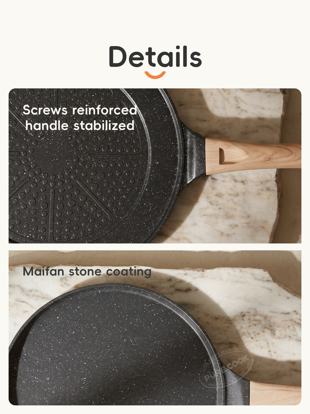 PURE COOK Poêle à frire antiadhésive avec manche en bois | 26 cm | Poêle en aluminium à revêtement marbre | Légère et facile à nettoyer