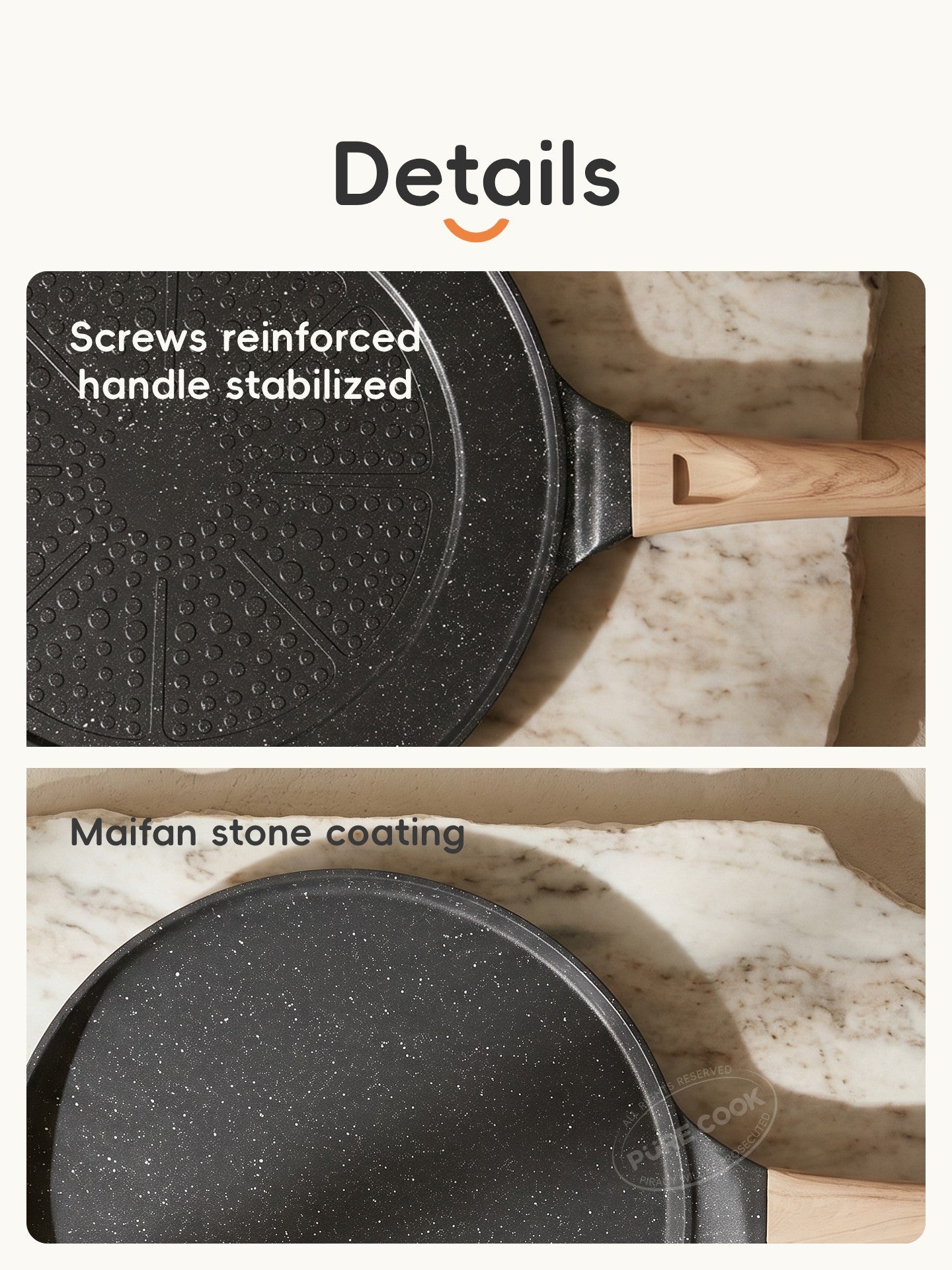 PURE COOK Poêle à frire antiadhésive avec manche en bois | 26 cm | Poêle en aluminium à revêtement marbre | Légère et facile à nettoyer