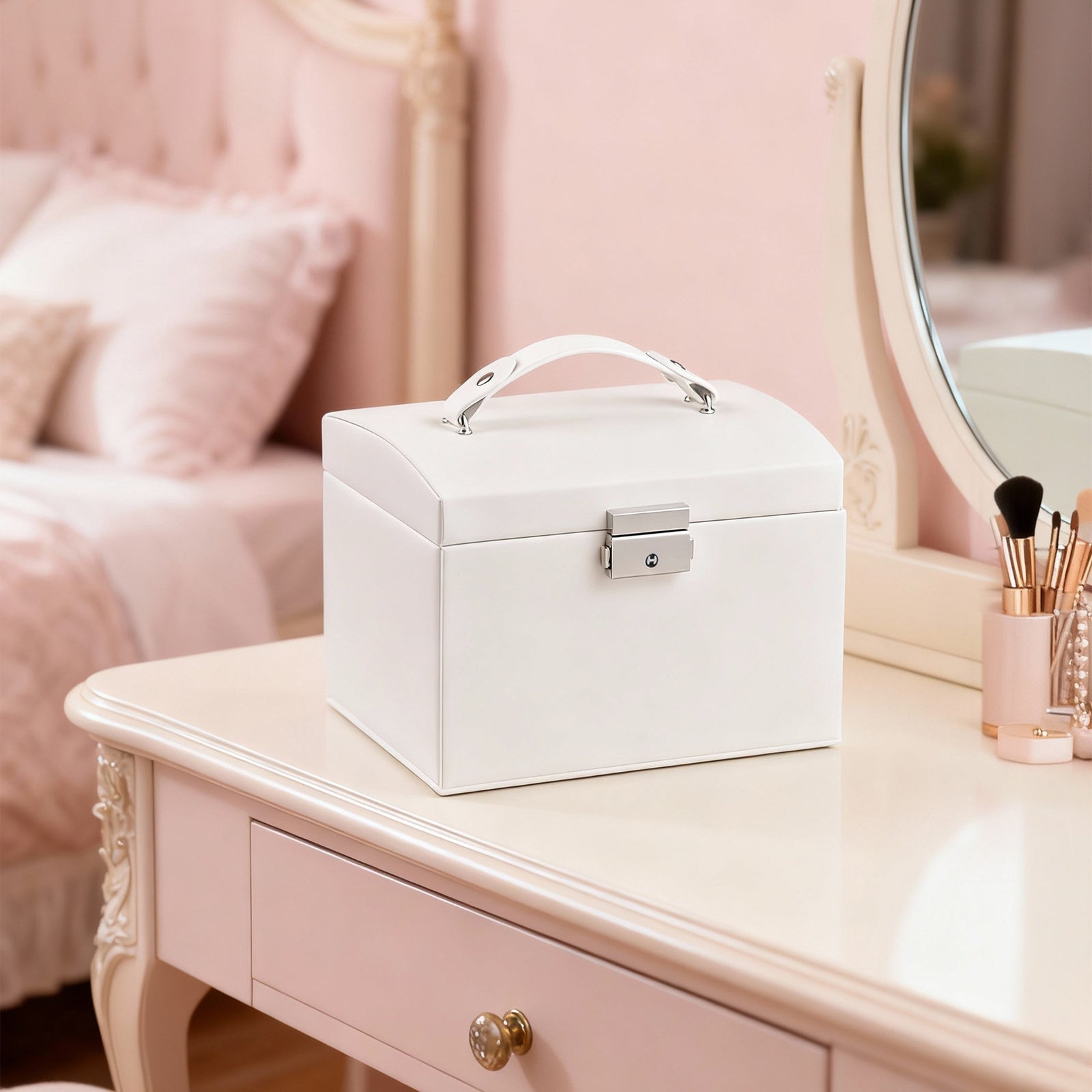 JOYFURNOS Boîte de voyage pour bijoux avec miroir, 2 tiroirs, verrouillable, idée cadeau, blanc