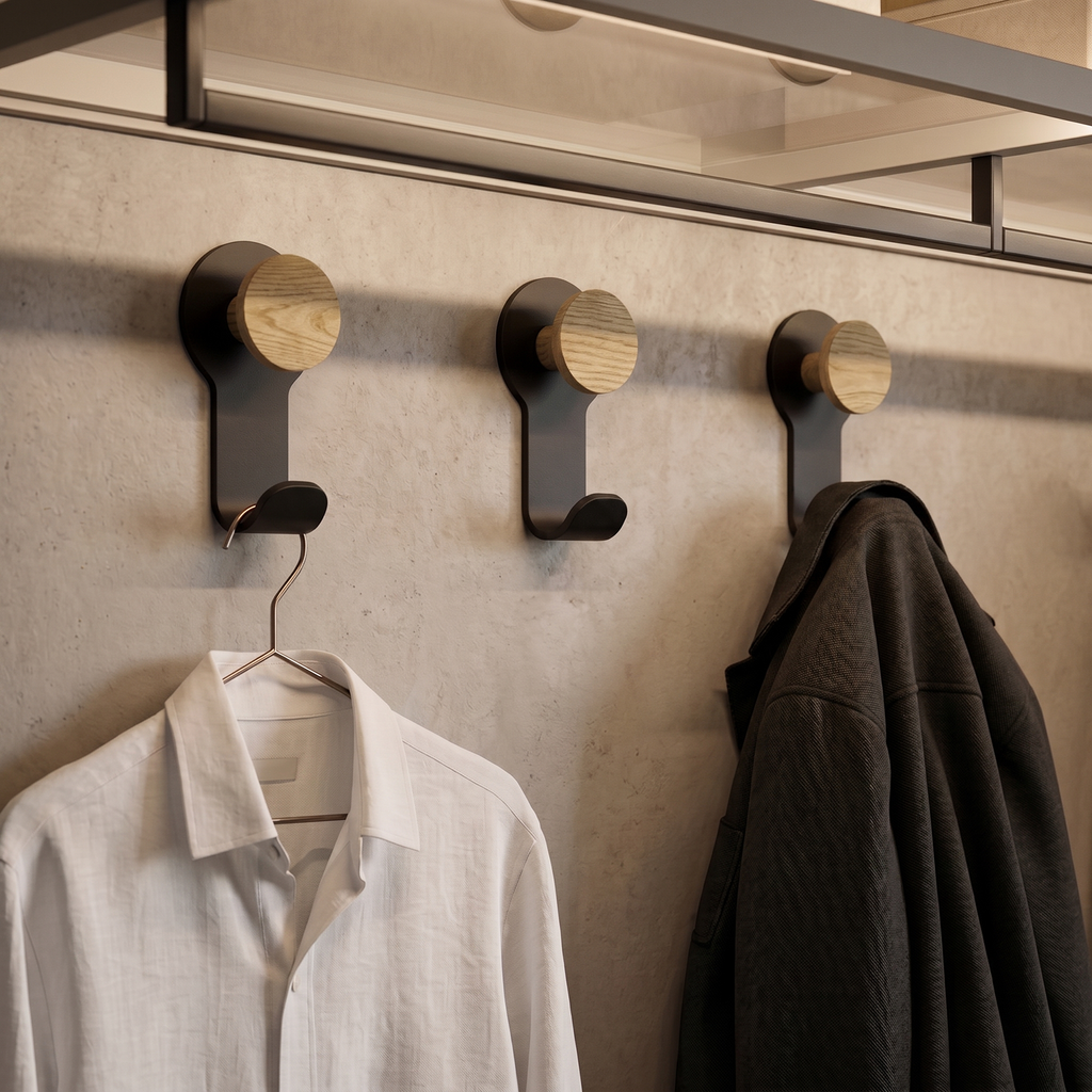 kapanou Lot de 8 patères doubles murales, en bois d'hévéa marron vintage avec support métallique noir robuste pour vestes, serviettes ou chapeaux