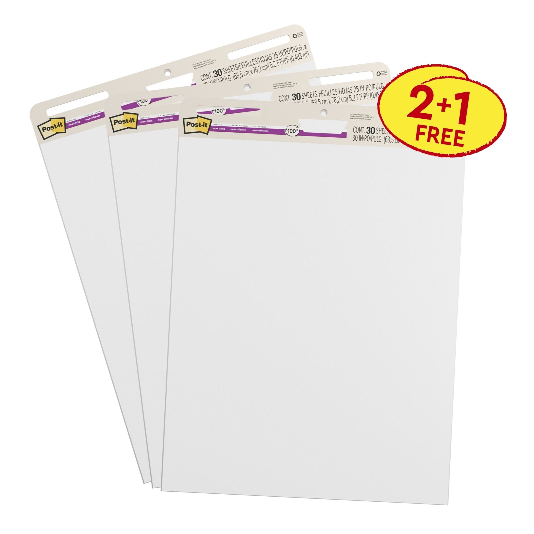 Post-it Tableau de réunion super adhésif 100 % recyclé, 559RP-3, 2+1 offerts, 63,5 cm x 76,2 cm, 30 feuilles/planche, 3 planches/lot, 100 % PEFC, SGSCH-PEFC-COC-110078