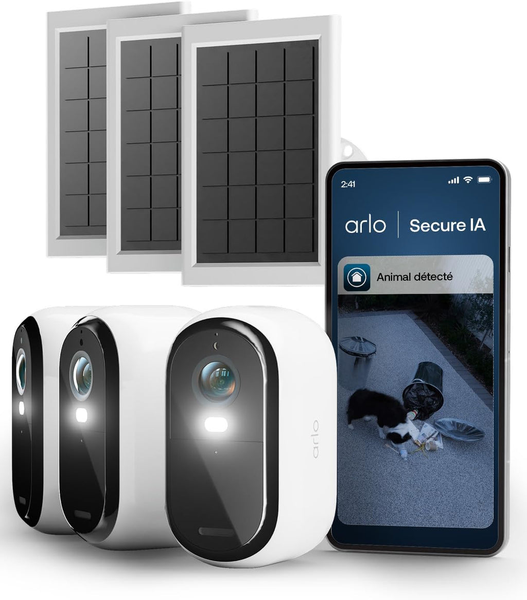 Arlo VMK3380-100EUS Caméra de Surveillance 2K WiFi Extérieure Essential 3, Kit de 3 Caméras et 3 Panneaux Solaires, Blanc