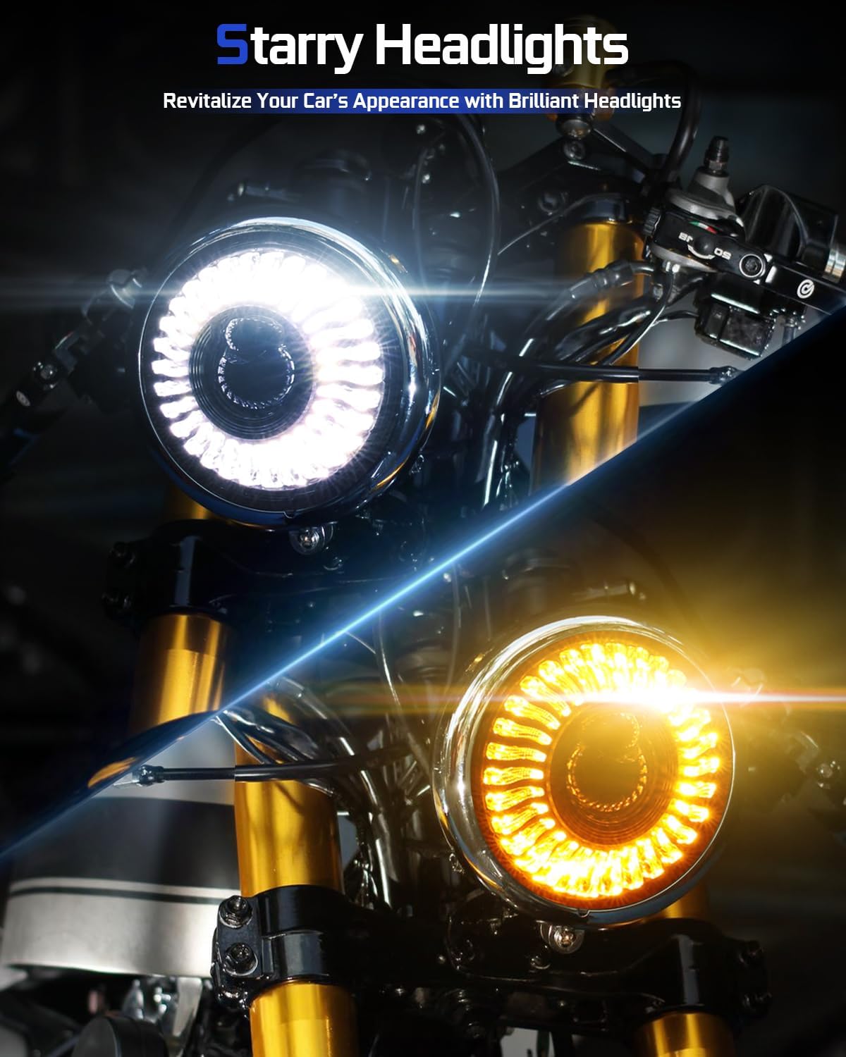 BraveWAY Phare avant de moto LED 5,75 pouces anti-éblouissement, phare rond de 5 3/4 pouces avec projecteur faisceau haut/bas, DRL blanc ambré