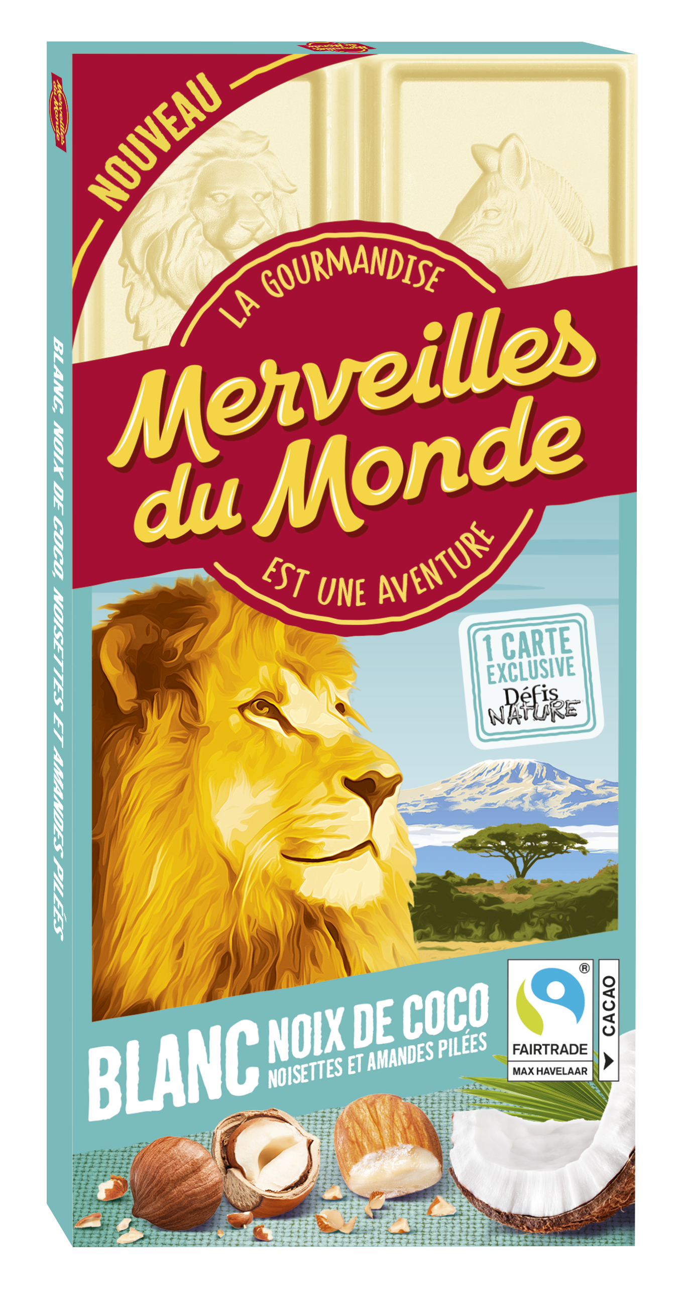 Merveilles du Monde Chocolat Blanc, Amandes et Noisettes pilées & Noix de Coco 100g