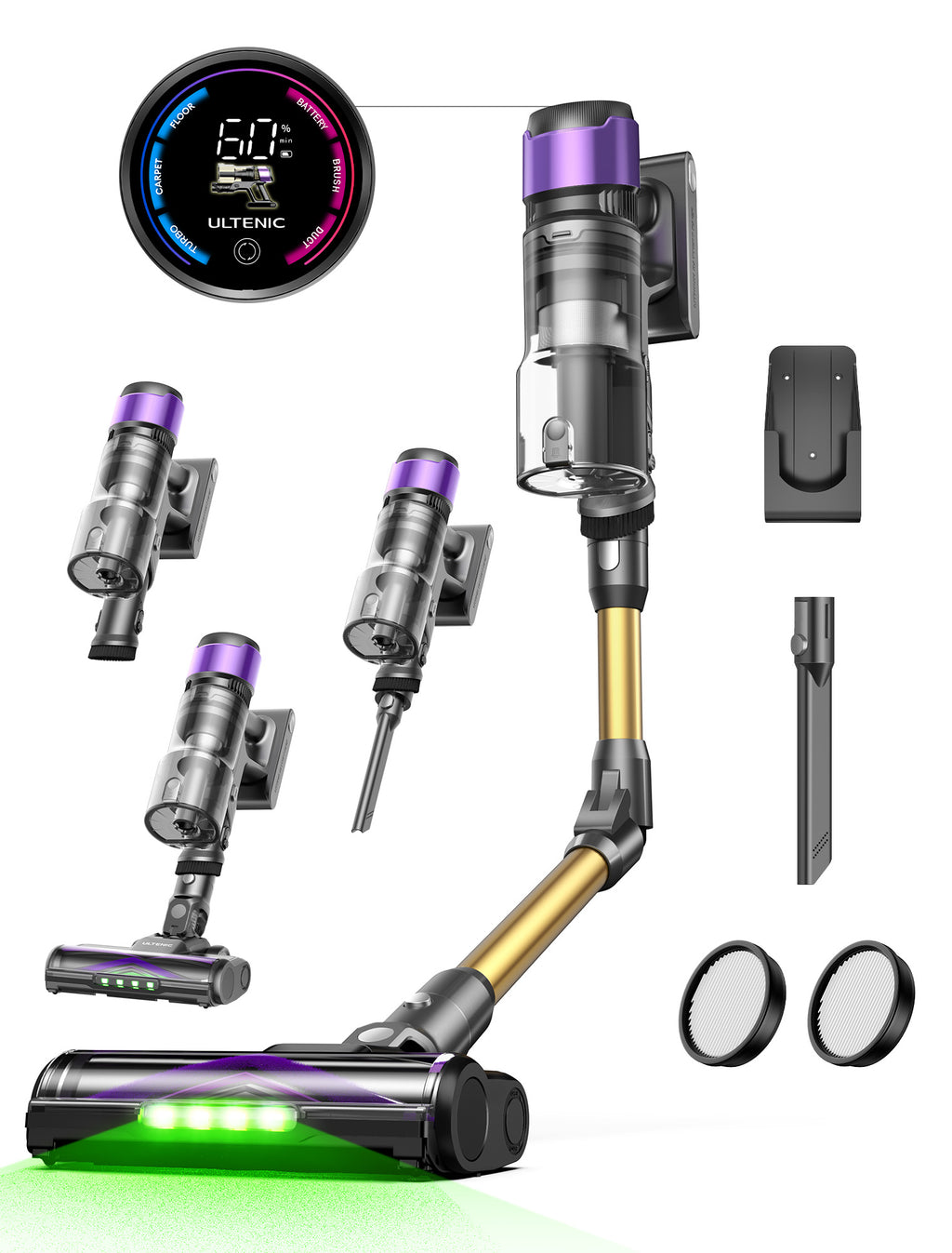 Ultenic U-2O Aspirateur sans fil, 55 kPa/60 min, Aspiration puissante améliorée, Brosse anti-emmêlement améliorée avec manche pliable, Écran de compte à rebours LED, Aspirateur autoportant pour sols, tapis et poils d'animaux