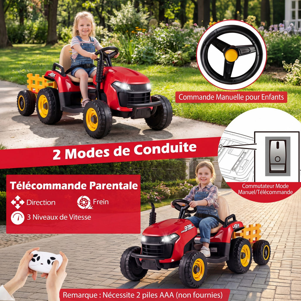 Costway Tracteur électrique 24 V avec remorque, télécommande 2,4 GHz et klaxon - Tracteur électrique pour enfants - Rouge