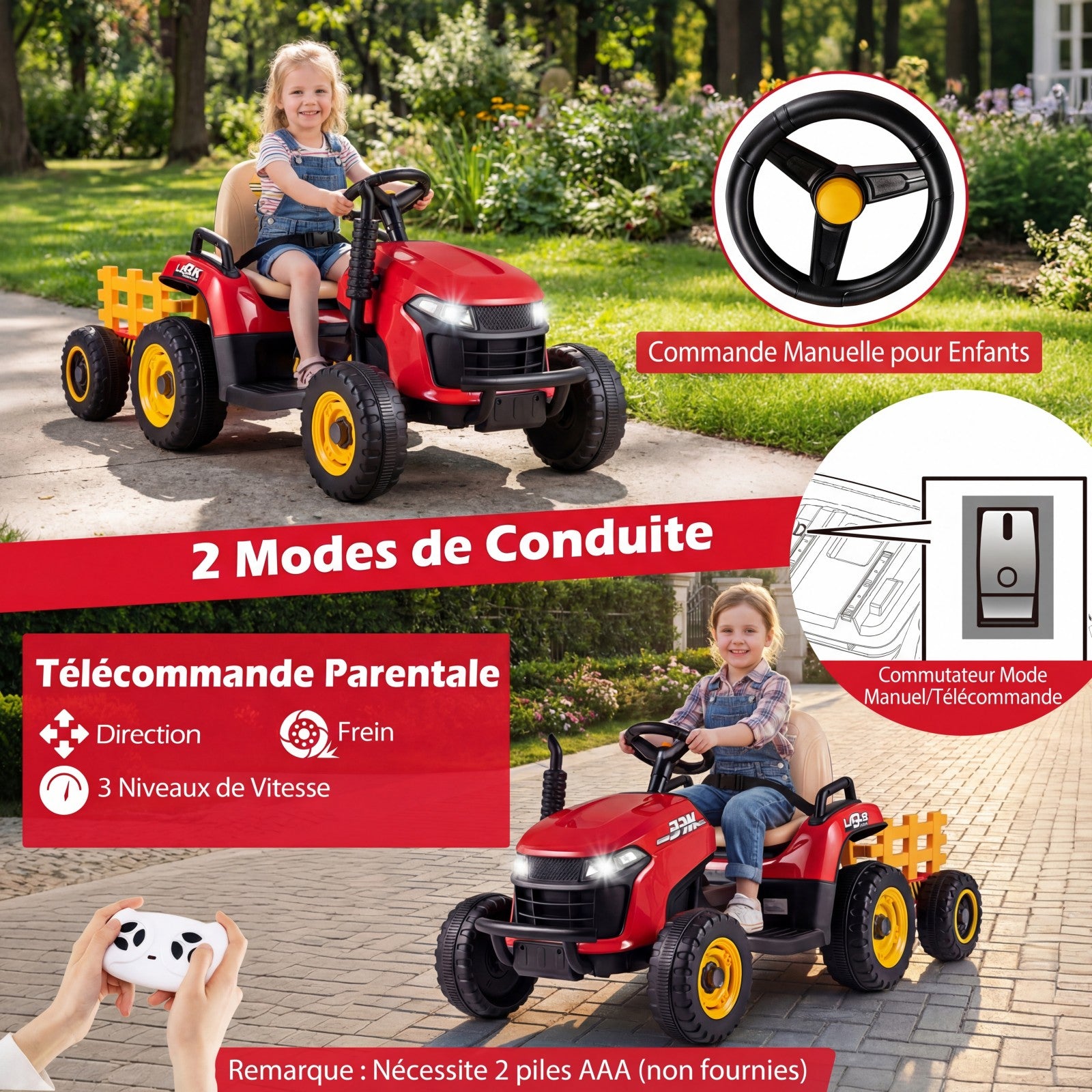 Costway Tracteur électrique 24 V avec remorque, télécommande 2,4 GHz et klaxon - Tracteur électrique pour enfants - Rouge