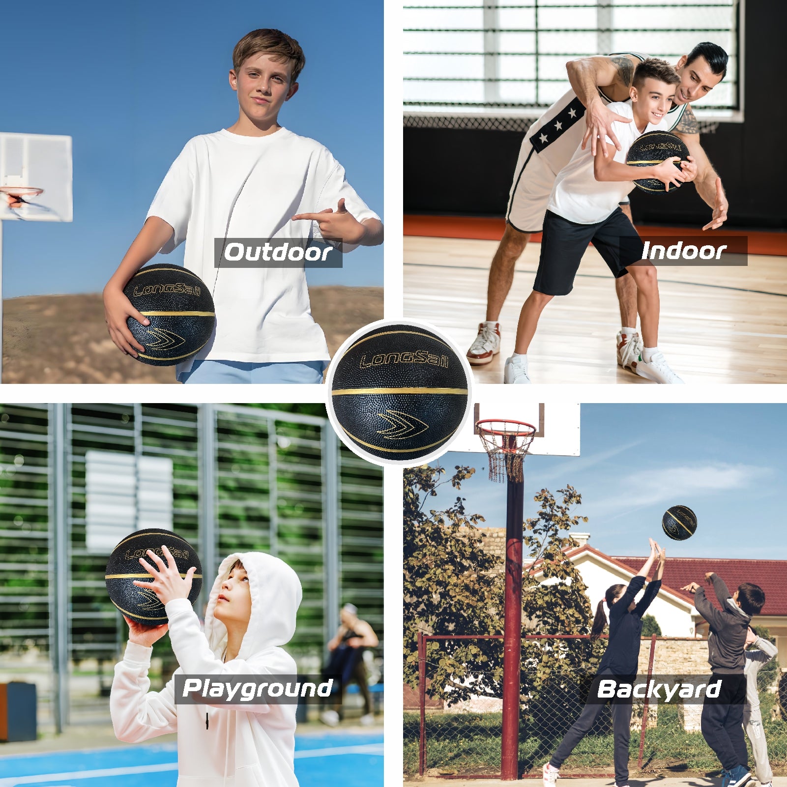 LONGSAIL Ballon de basketball en caoutchouc haute qualité (27,5 po) Taille 5 Noir/Or