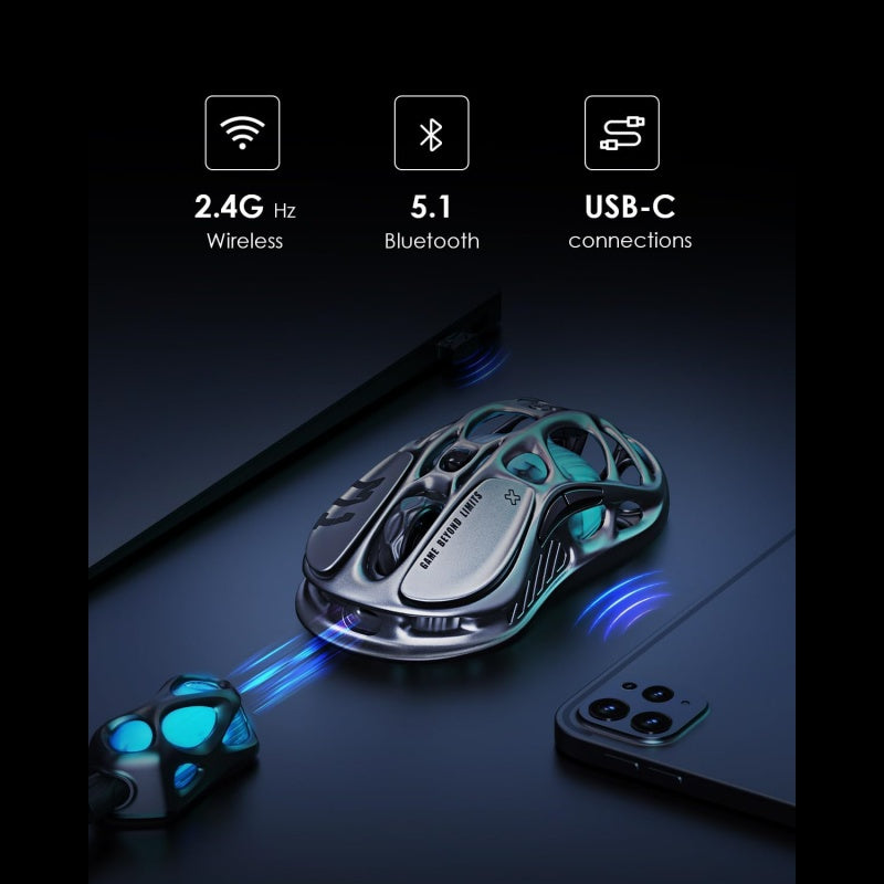 Souris gaming sans fil GravaStar Mercury M1 Pro, Souris gaming super légère 4 kHz en alliage de magnésium, 26000 DPI, Capteur PAW3395, 5 boutons programmables, RGB, Souris gaming design creux - Gunmetal