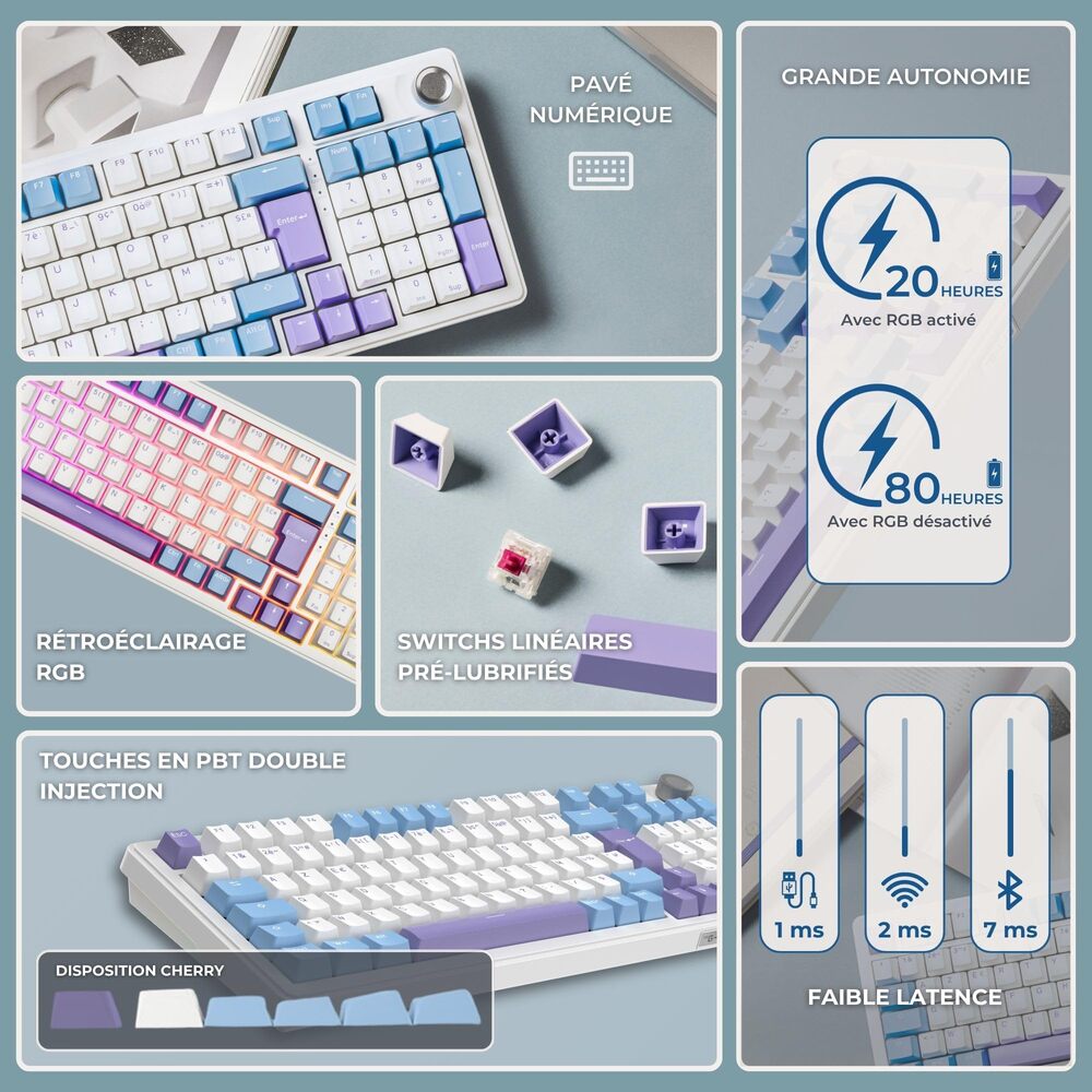 THE G-LAB KEYZ ELITE 400 Clavier Gaming Mécanique Switch Linéaire Triple Mode RGB, 96 % - QWERTY - Blanc/Bleu