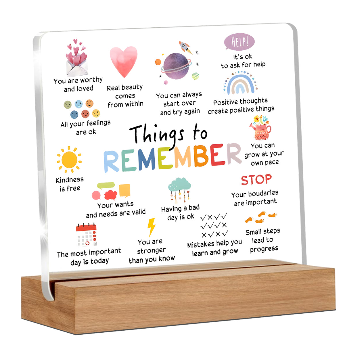 Alphynix 1 pc plaque en acrylique d'affirmation de soi, support sur base en bois messages encourageants comme "Vous êtes digne et aimé" & "Les erreurs vous aident à apprendre"