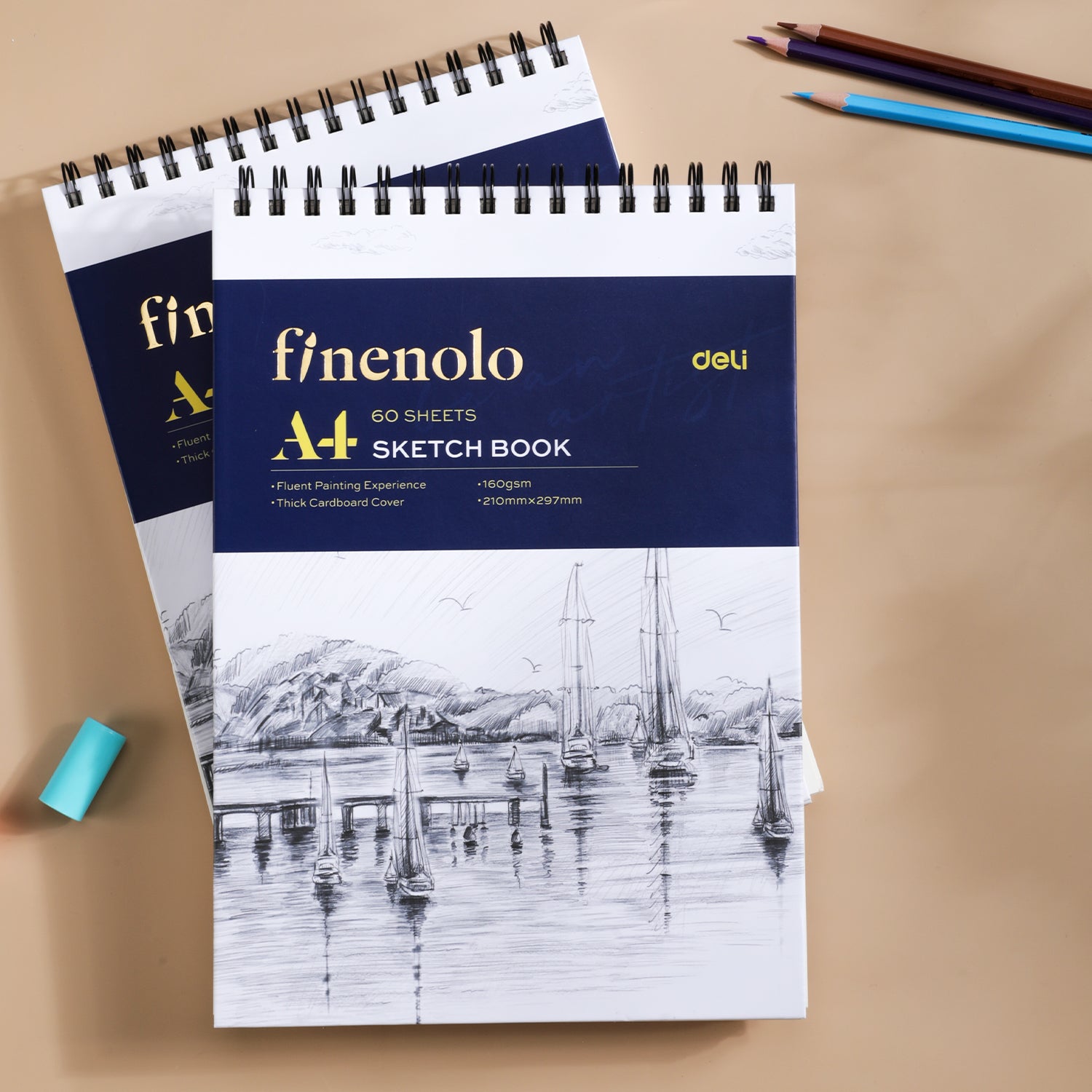 Deli Finenolo Carnet de croquis A4 avec reliure à fil supérieur - 60 feuilles blanches