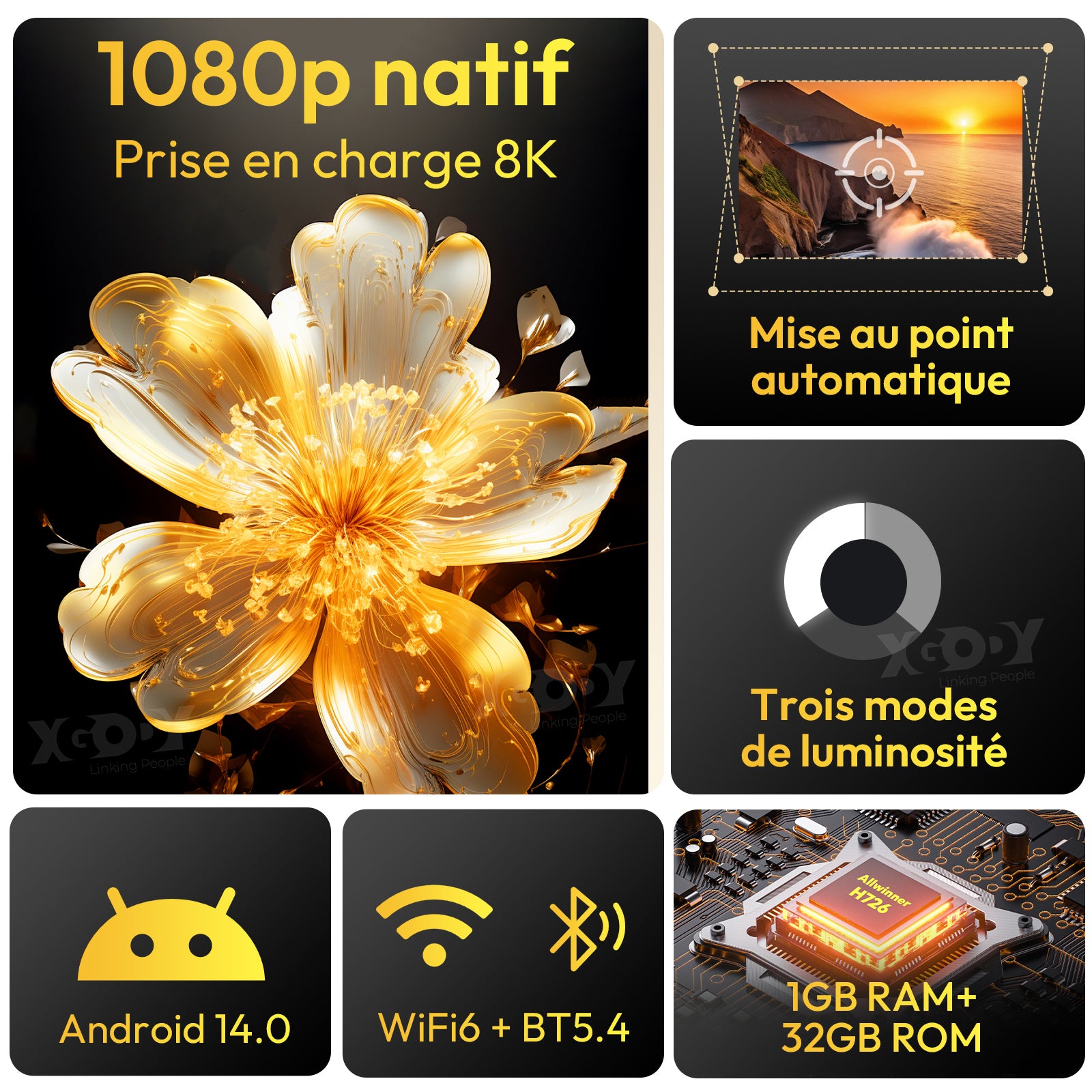 Pack de divertissement pour grand écran - Projecteur portable XGODY Gimbal A6 Pro avec écran de projection de 100 pouces en cadeau