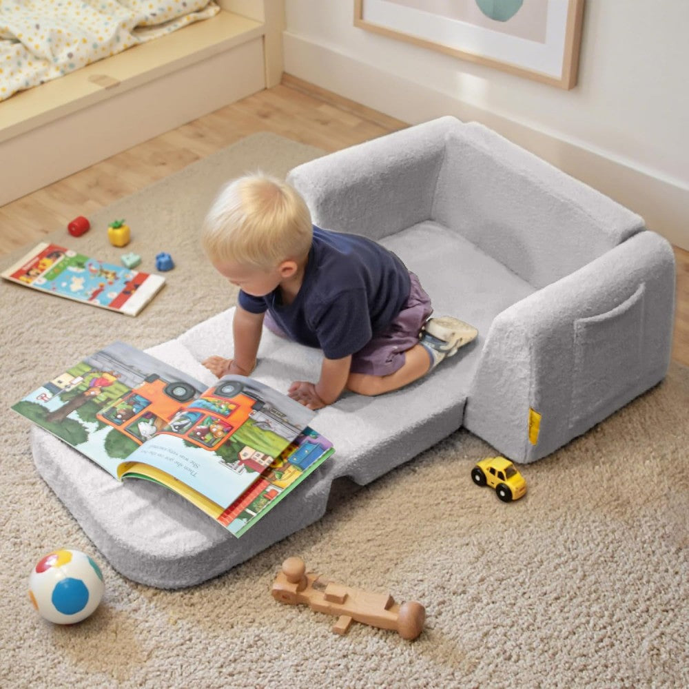 BanaSuper Canapé pour enfants, Chaise haute convertible 2-en-1, Lit pliant confortable pour enfants, Canapé et fauteuil en peluche pour enfants, Extra robuste avec base large, Housse lavable en machine, Cadeau pour garçons et filles, Gris