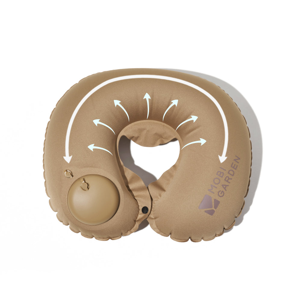 Mobi Garden, Oreiller cervical en forme de U gonflable par pression, oreiller de voyage doux et confortable pour voiture et camping, sable, conception portable pour un rangement facile