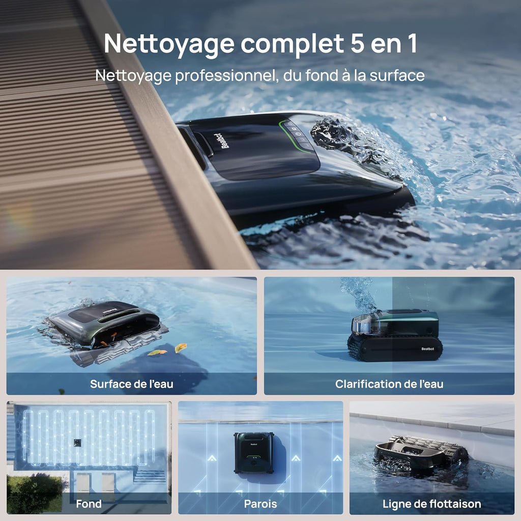 Beatbot MS 2 Pro Version Robot Aspirateur de Piscine Sans Fil, Nettoyage 5-en-1 Inégalé, Stationnement en Surface, Skimmer de Piscine avec Contrôle par Application